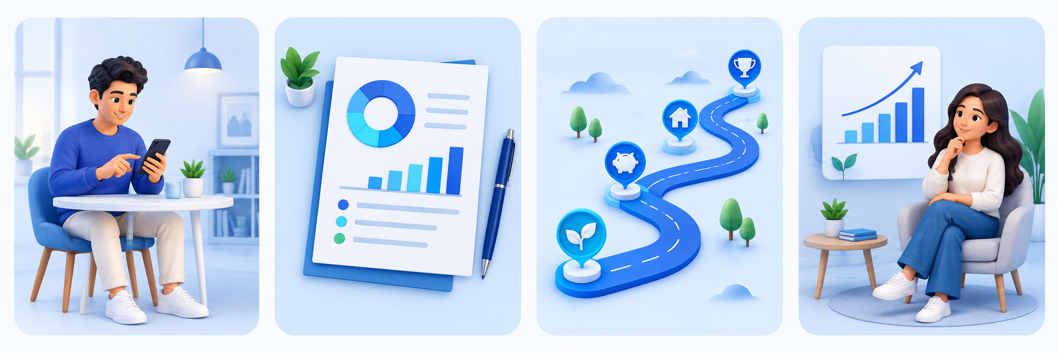 Four illustrations showing assessment, Blueprint, roadmap, and financial progress